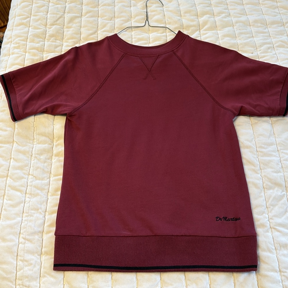 Dr. Martens short sleeved sweatshirt, maroon with black stripe trim.